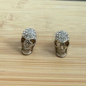 Skull Stud Earrings with Crystal Accents - Gold Tone